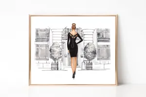 Black and white watercolor Fashion Wall Art of lady in black dress in front of the shop vitrine