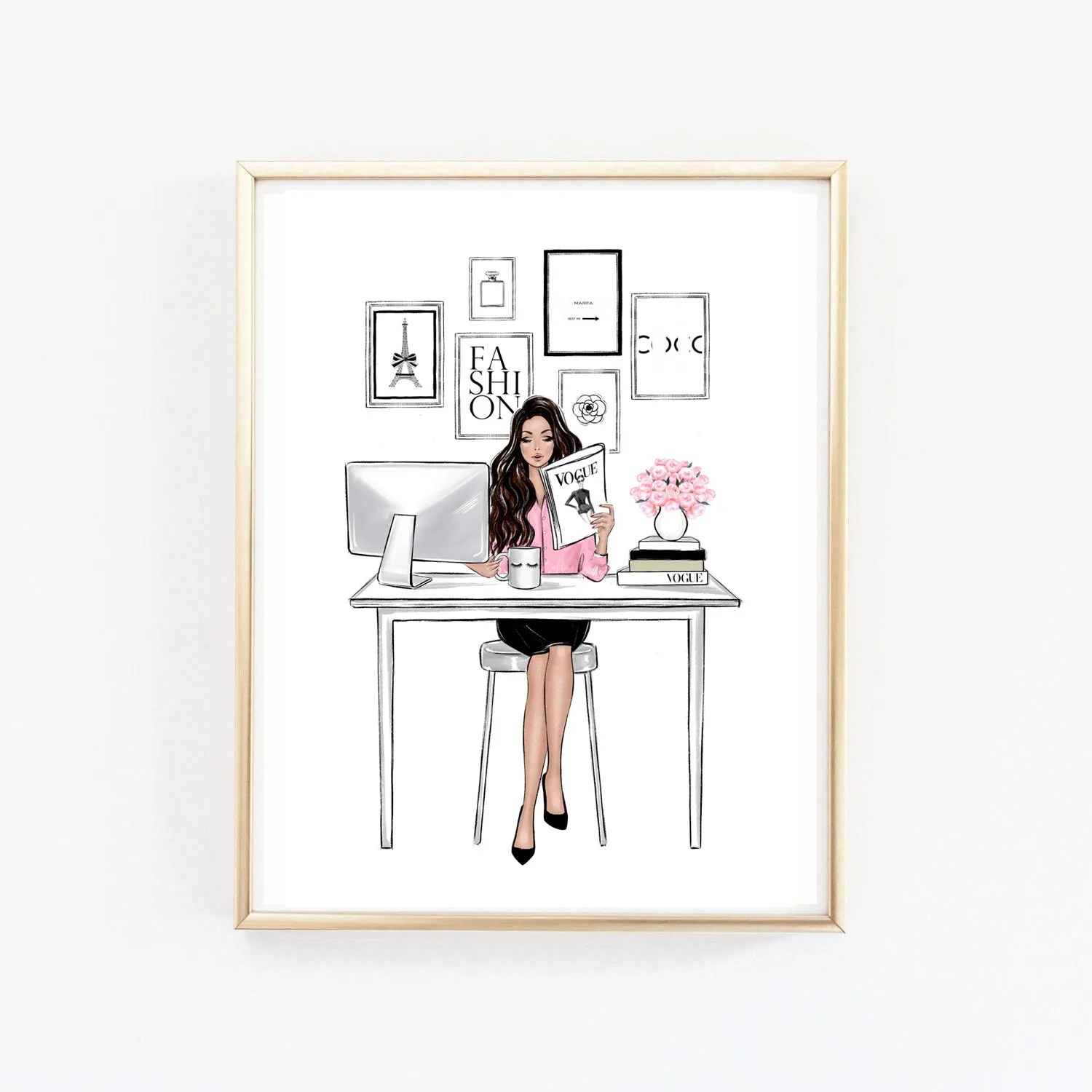 Boss girl in office art print fashion illustration girly wall art