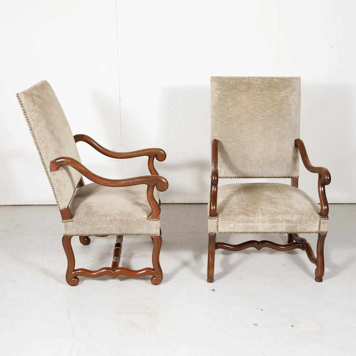 Pair of 19th Century French Louis XIII Style Walnut Os de Mouton Oversized Fireside Armchairs