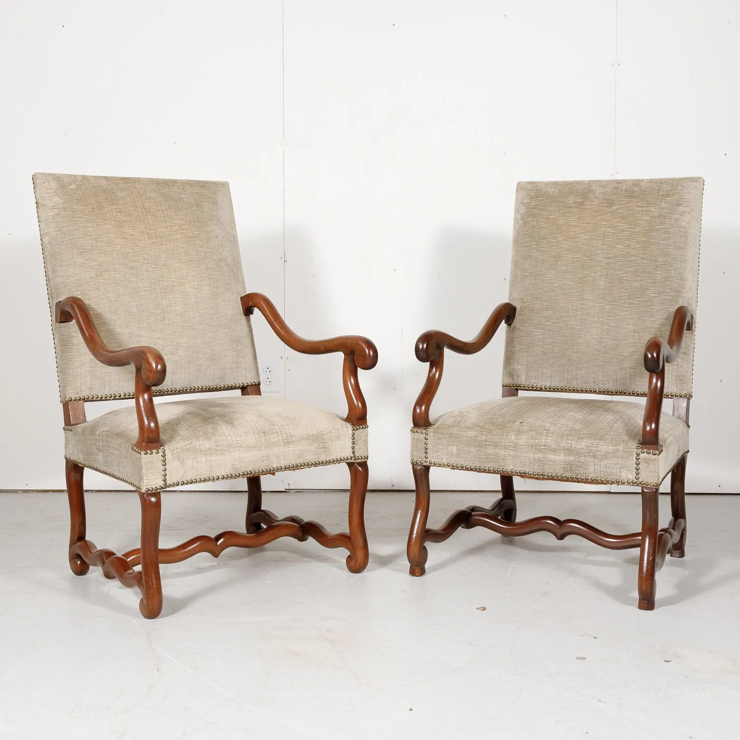 Pair of 19th Century French Louis XIII Style Walnut Os de Mouton Oversized Fireside Armchairs