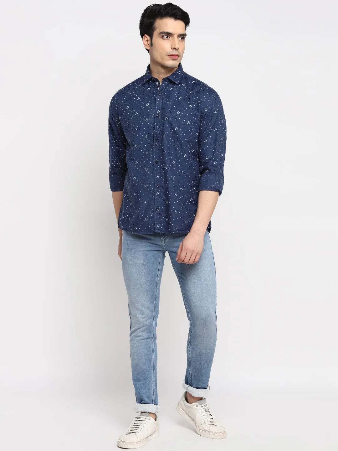 Printed Navy Blue Slim Fit Casual Shirt For Men