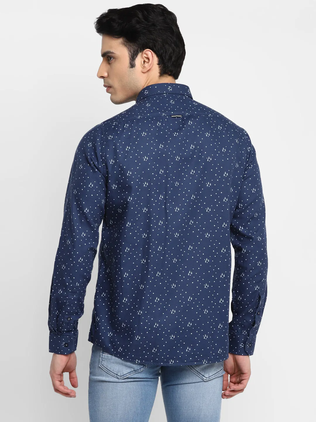 Printed Navy Blue Slim Fit Casual Shirt For Men