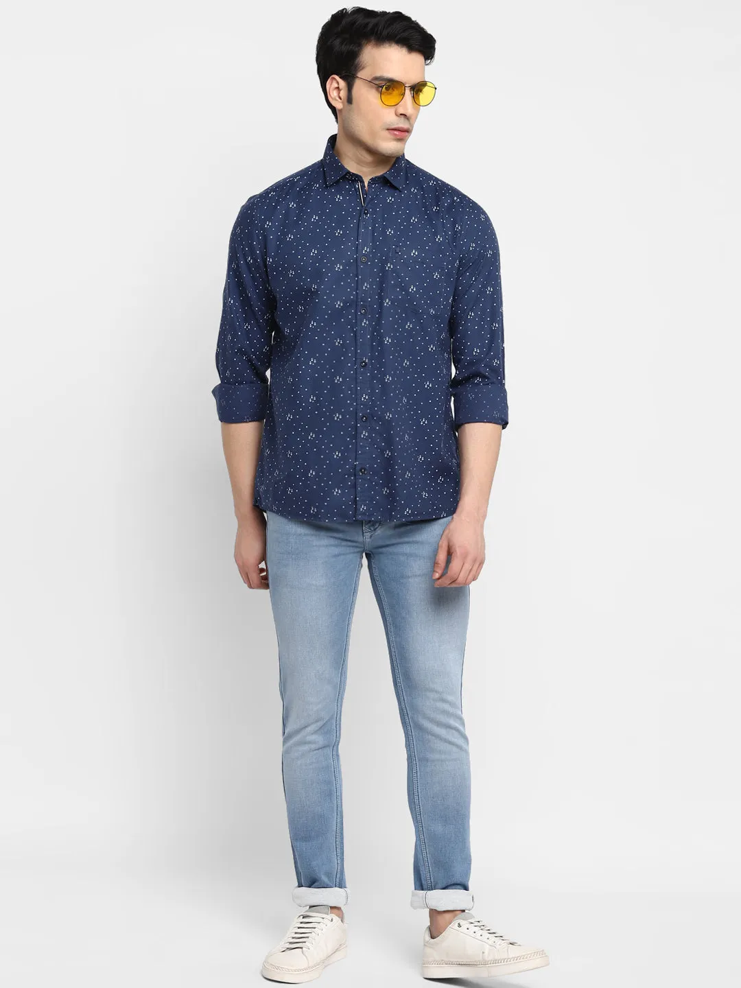 Printed Navy Blue Slim Fit Casual Shirt For Men