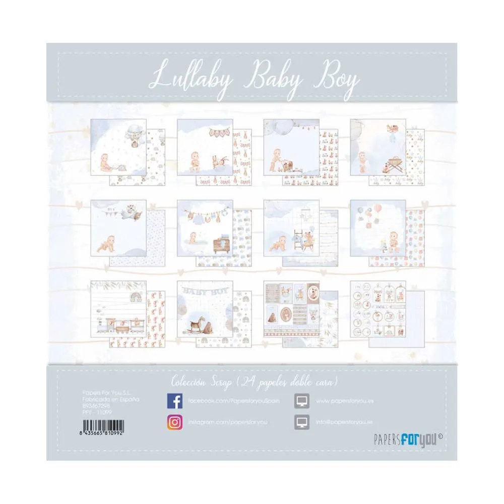 Set 24 Papeles Scrap 20x20cm Lullaby Baby Boy Papers For You