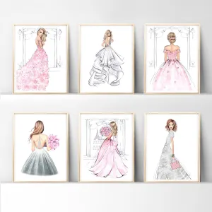 SET OF 6 ART PRINTS fashion illustrations in blush pink tones