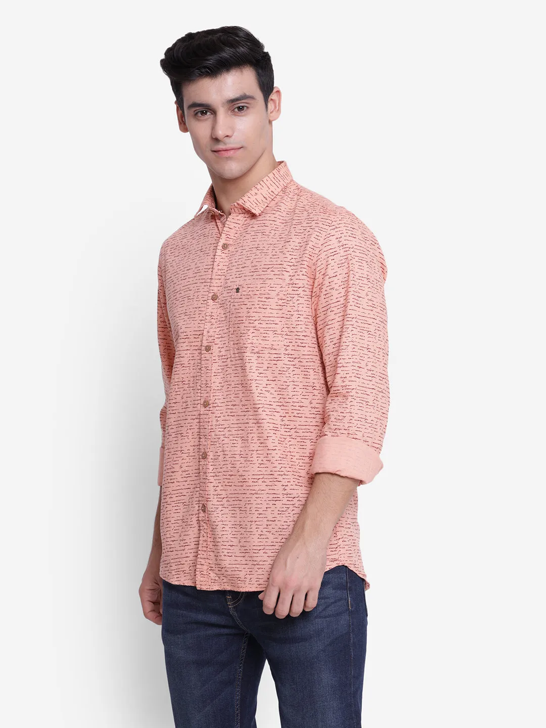 Turtle Men Printed Pink Slim Fit Casual Shirt