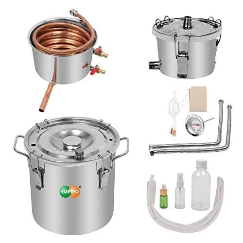 YUEWO 3 Pots DIY 2Gal/10Litres Moonshine Still Copper Water Alcohol Distiller Home Brew Wine Making Kits with Thumper Keg for DIY Brandy Whisky Wine Essential Oils