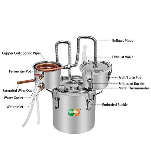 YUEWO 3 Pots DIY 2Gal/10Litres Moonshine Still Copper Water Alcohol Distiller Home Brew Wine Making Kits with Thumper Keg for DIY Brandy Whisky Wine Essential Oils